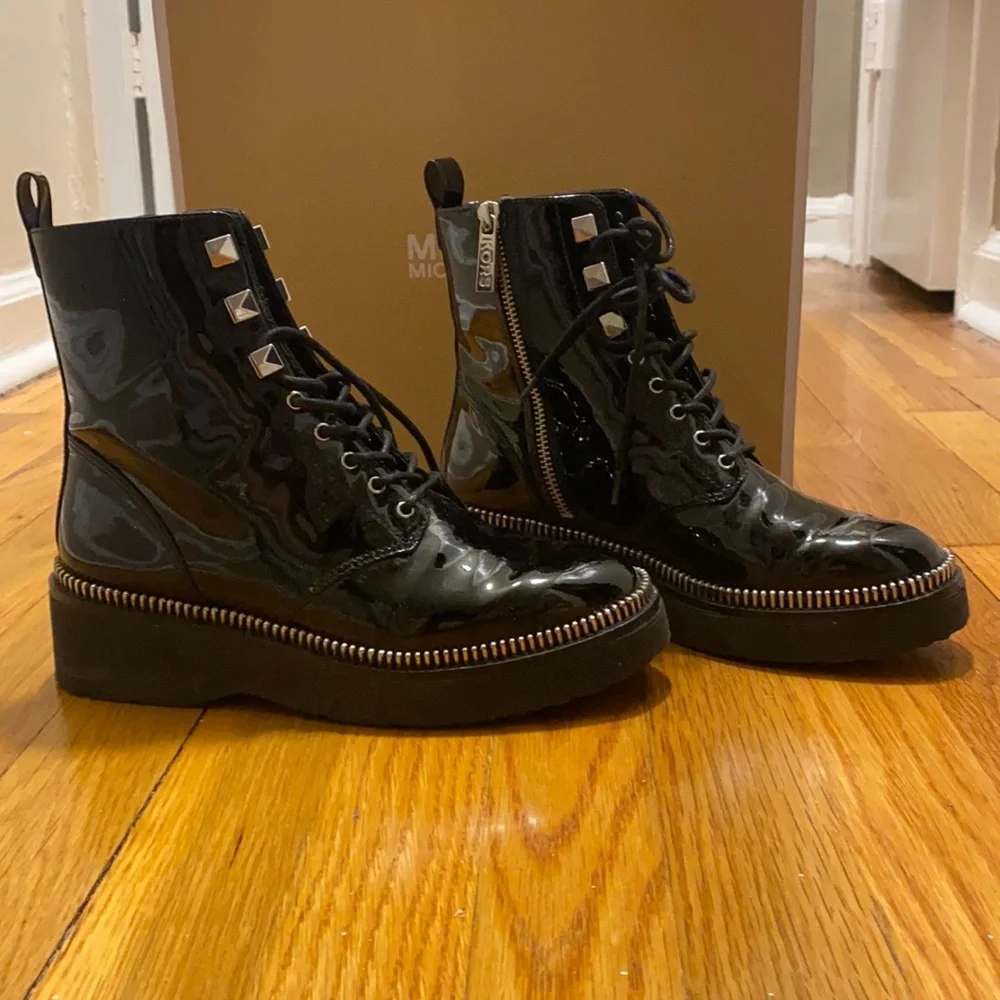 MICHAEL Michael Kors Black Patent Lace-Up Platform Boot with Silver Stud Trim
